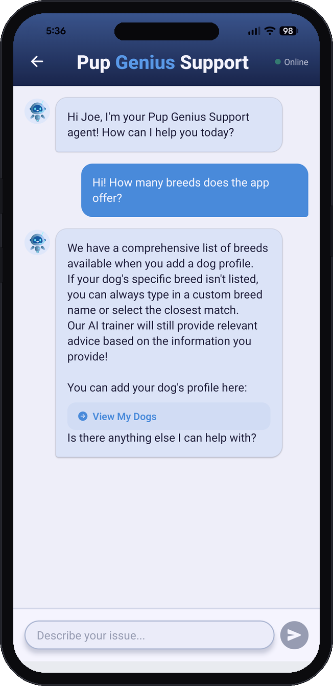 Pup Genius 24/7 support agent